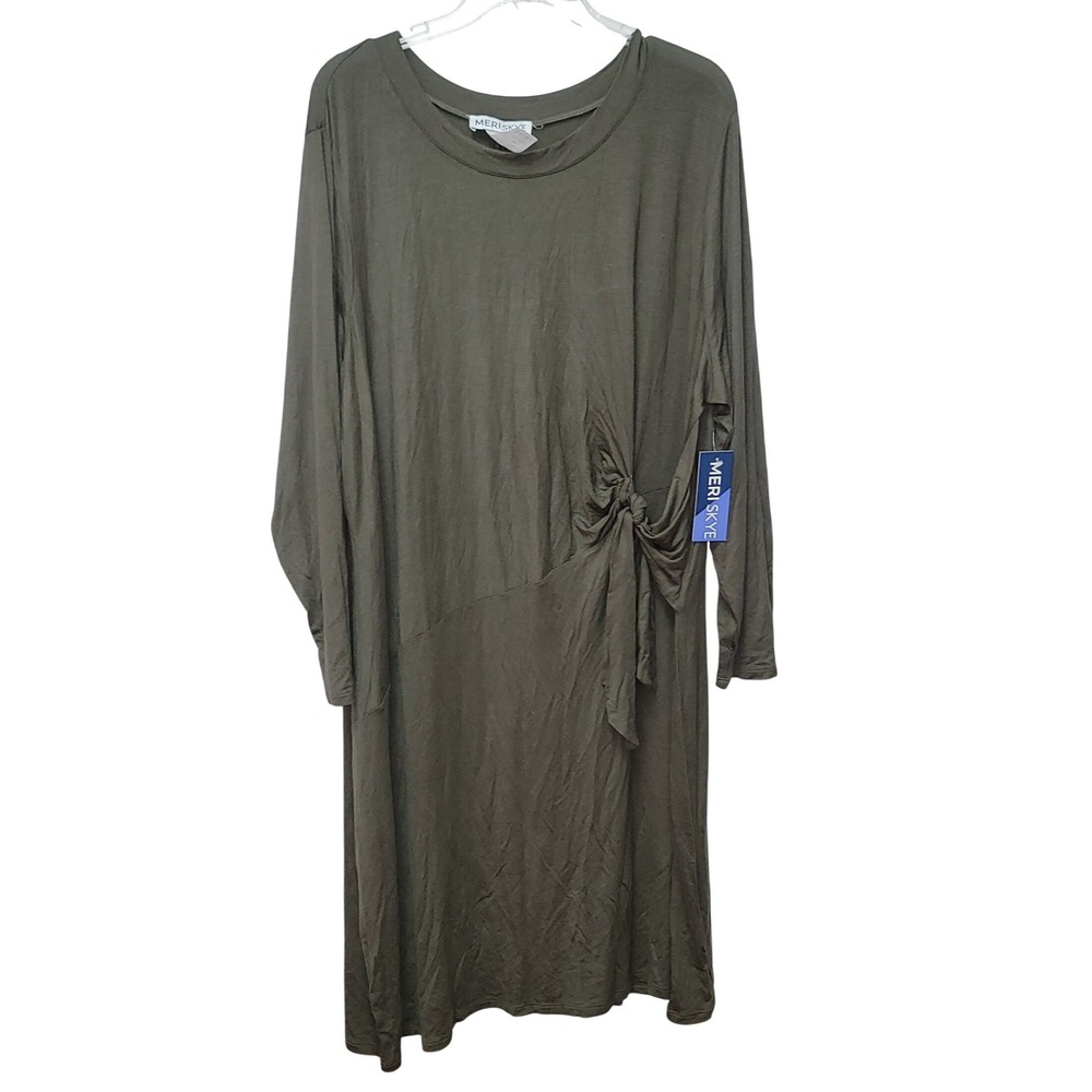 MERI SKYE Olive Green Tie-Waist Stretch Long sleeve Midi Dress 3X Lagenlook Boho